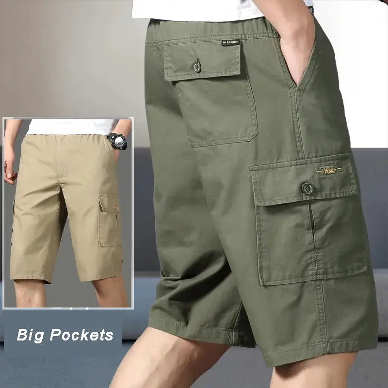 Mens cargo shorts knee-length olive green cotton with large side pocket; beige version shown, Simples Market.