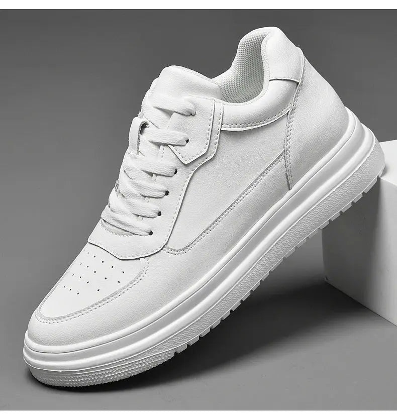 Men's white leather elevator sneakers with 6/8/10 cm height increase, casual fashion shoes