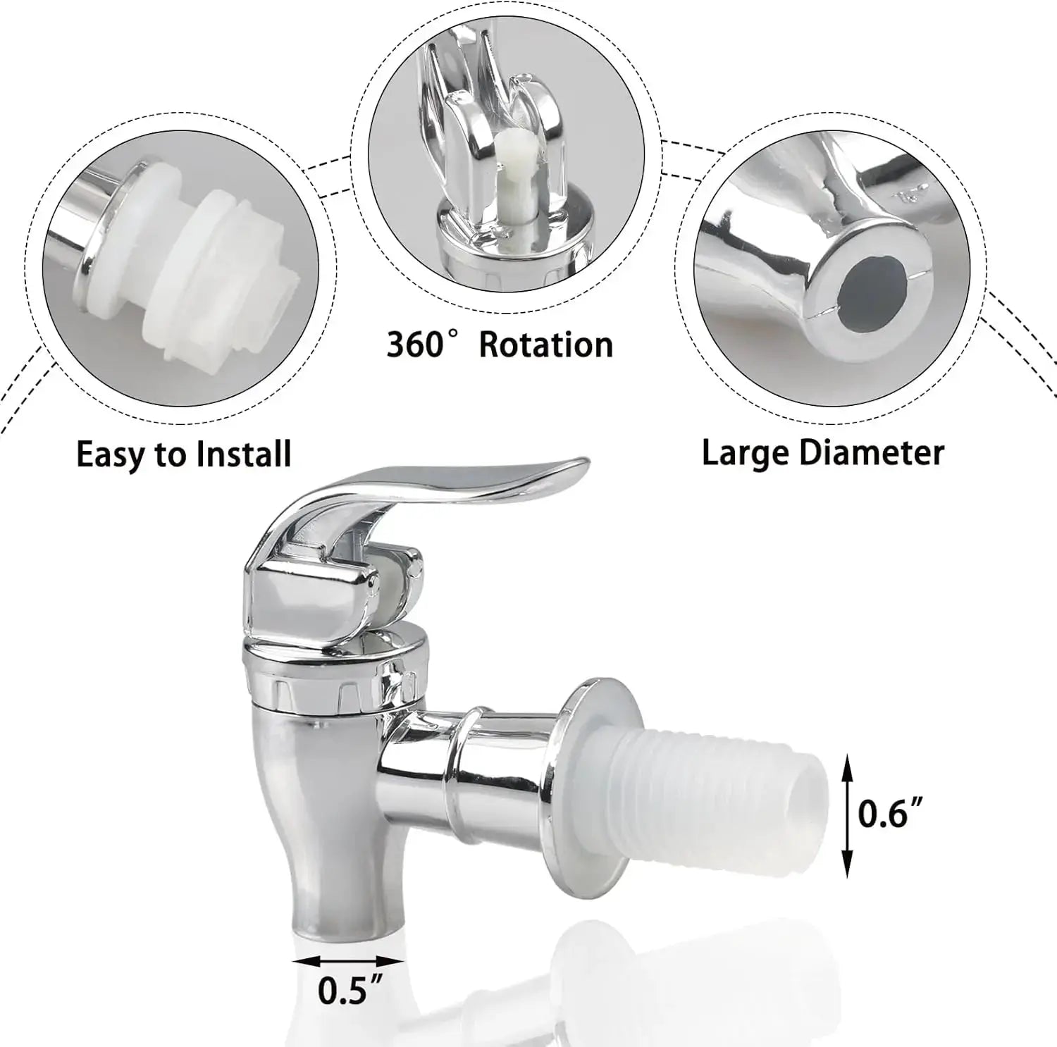 Simples Market food-grade electroplated beverage faucet with white hose adapter; chrome finish, 360° rotation, easy to install for home bar use
