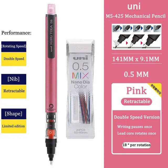 UNI Kurutoga M5-452 pink mechanical pencil with 0.5mm lead and refill pack