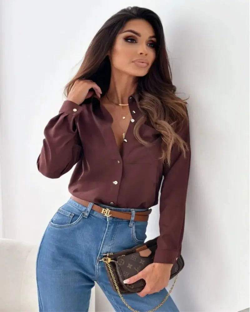 LuxeChic Women Elegant Solid Chiffon Blouse Spring Summer Loose Fit Long Sleeve V Neck Office Ready