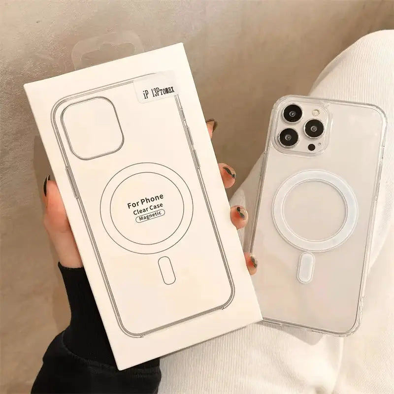 Clear MagSafe phone case for iPhone by Simples Market, with circular back magnet, shown with white packaging box