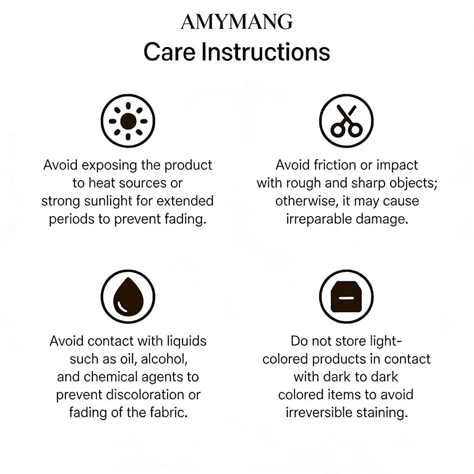 AMYMANG bag care instructions sheet with four icons on white background, detailing heat, friction, liquids, and color transfer warnings.