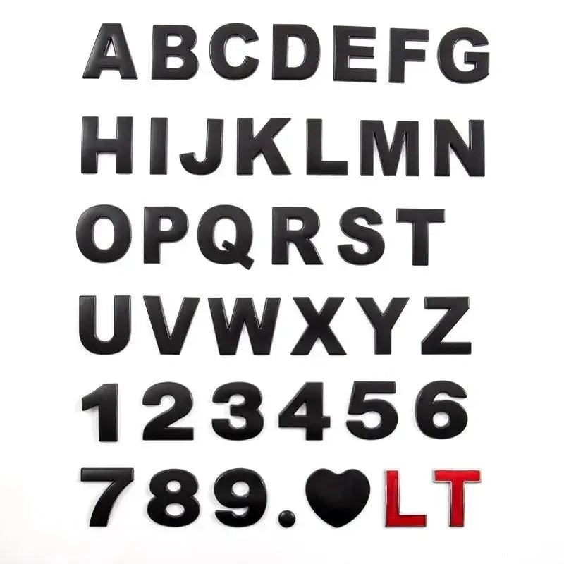 3D metal letter decal set for car styling; black A–Z and 0–9 with heart symbol and red LT