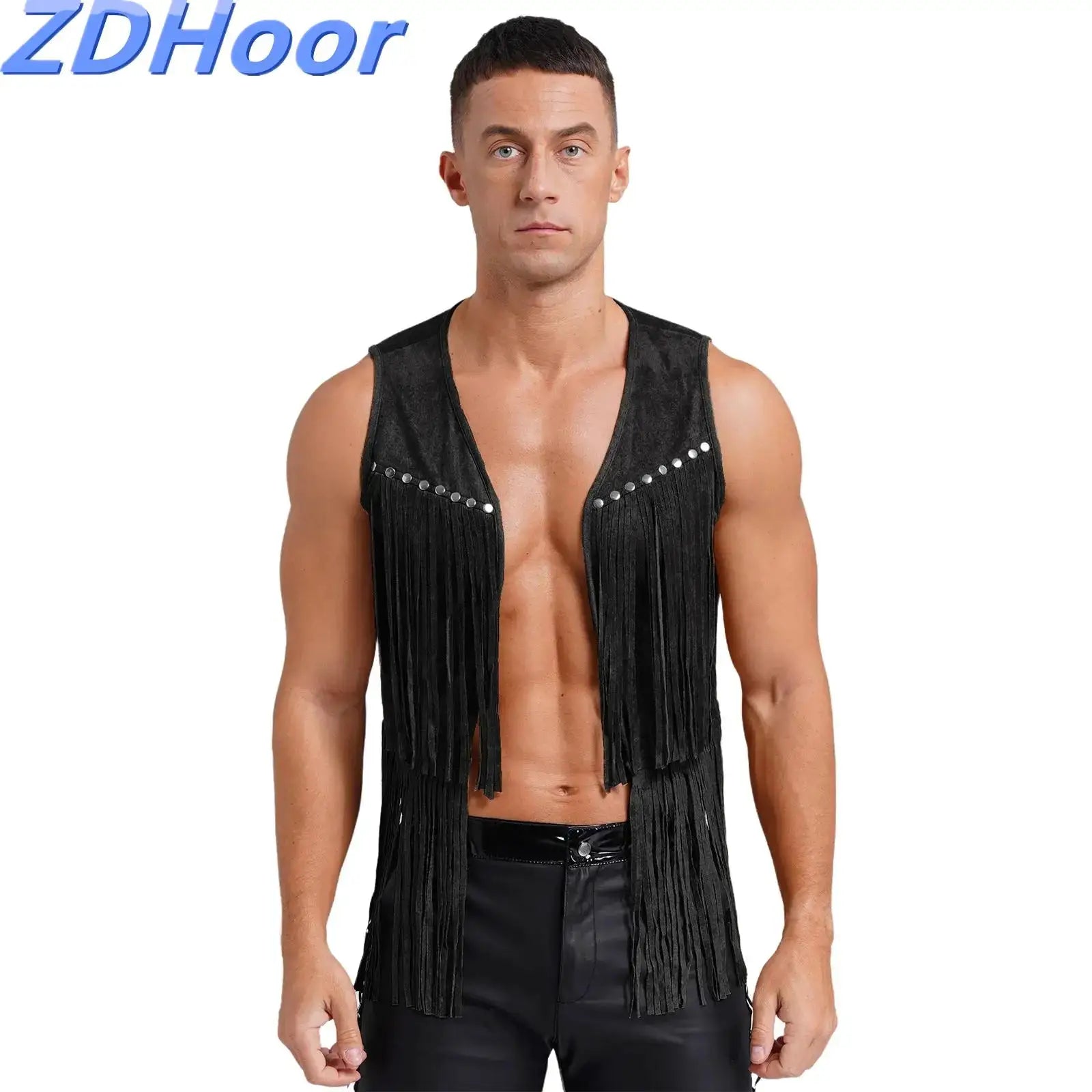 Mens black faux suede tassel vest with fringe and rivet trim, open front, sleeveless Simples Market