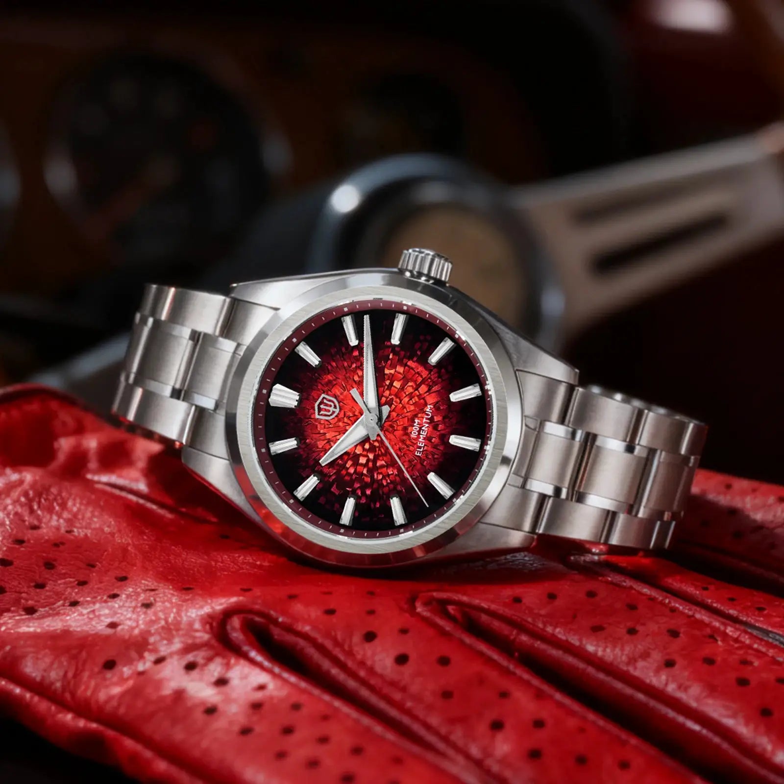 Watchdives WD0003C quartz men's wristwatch with red ice-crack dial and stainless steel bracelet