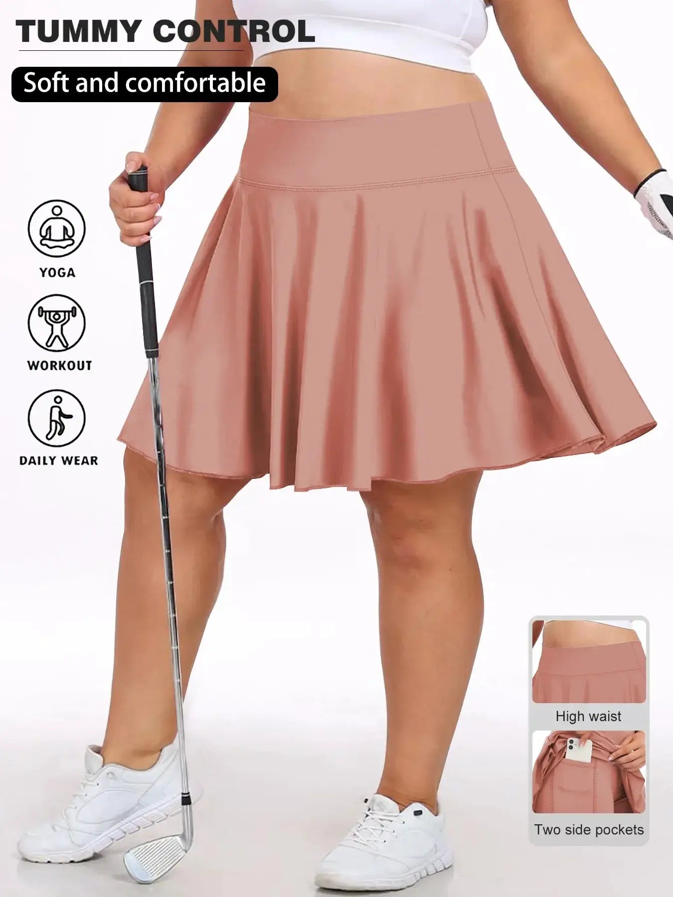 Plus-size women's pocketed short skirt, high-waist pink athletic skirt for gym by Simples Market