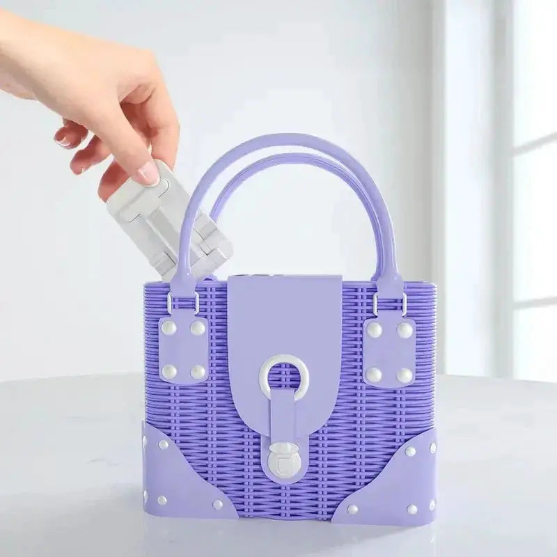 Purple wicker desk phone stand; adjustable universal holder for iPhone, iPad and other tablets.