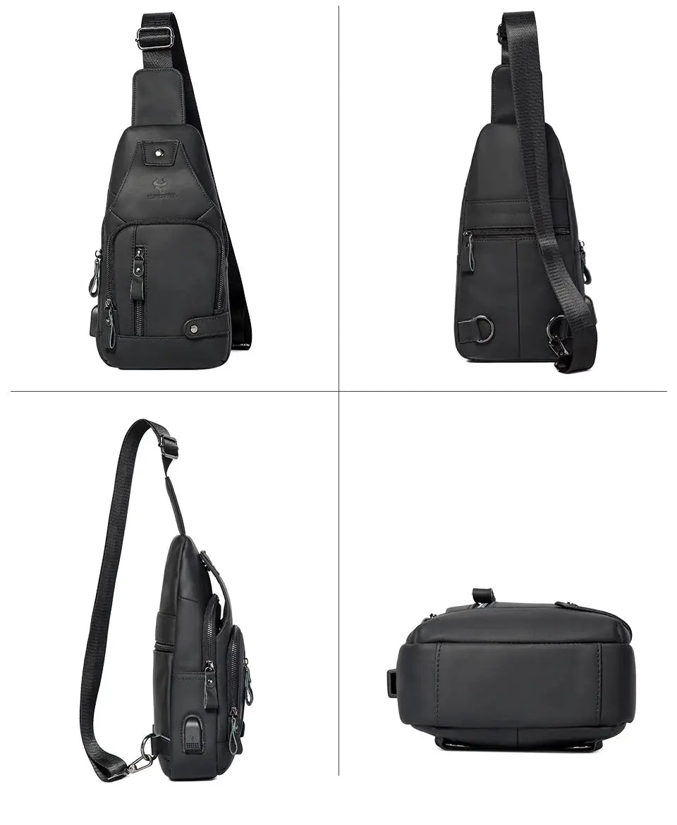 HUMERPAUL men's USB chest bag in black genuine leather by Simples Market with multiple zip pockets and crossbody strap.