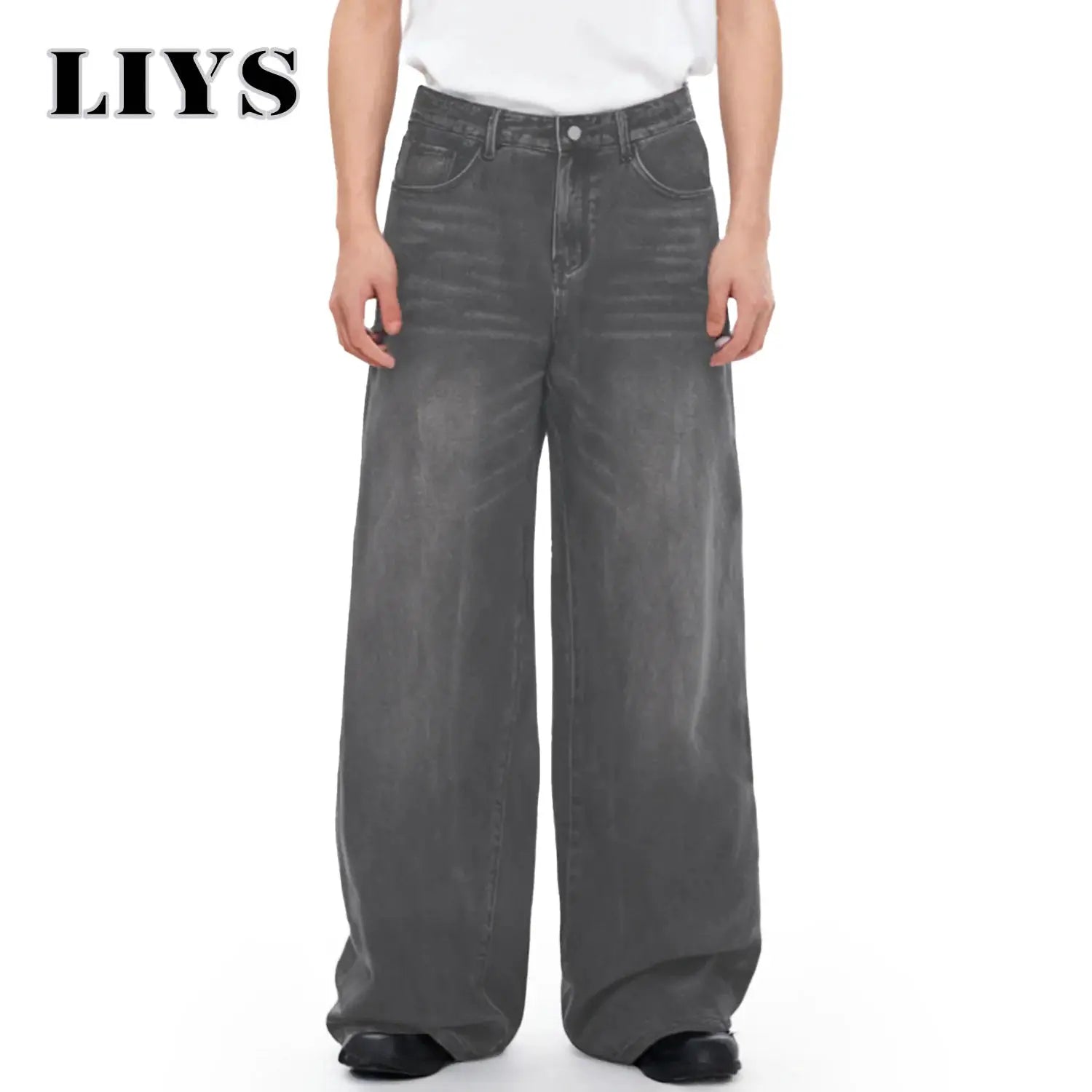 Men's gray wide-leg denim jeans, baggy casual style, LIYS