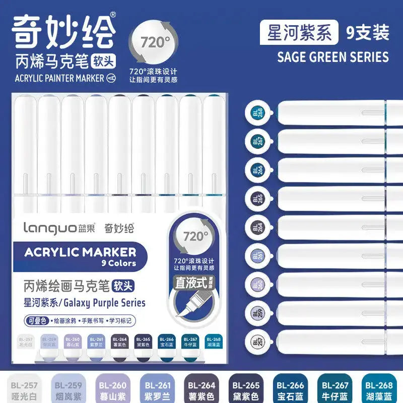 Acrylic marker set, 9-piece 9-color, Simples Market with soft brush tips