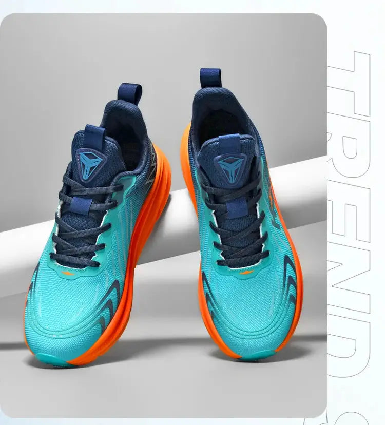Simples Market men's running shoes with turquoise mesh upper, navy laces and bright orange outsole