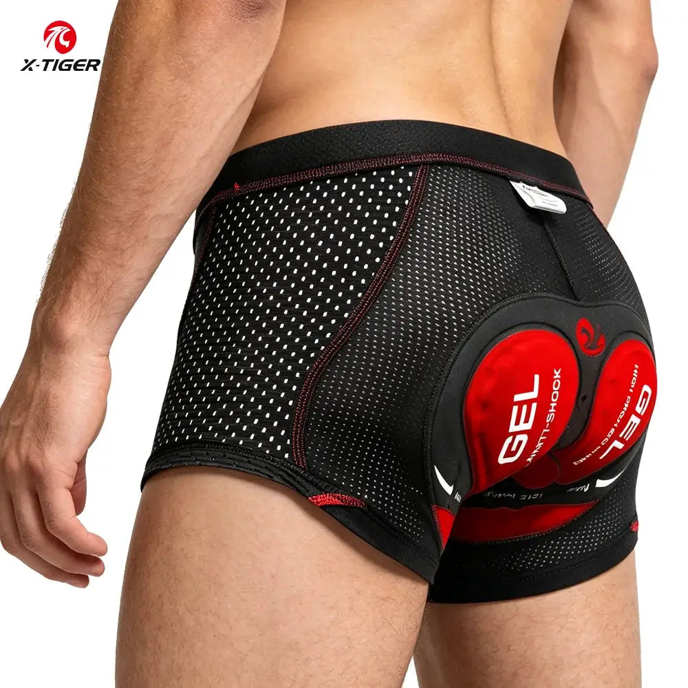 X-TIGER men's cycling shorts with 5D gel cushions, black with red gel pads and white dotted panels