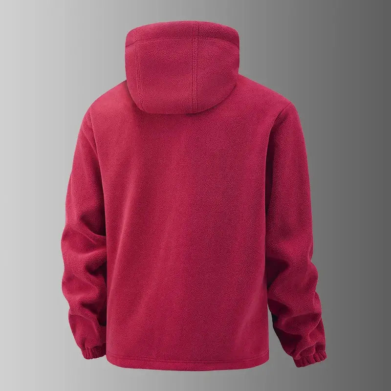 Men's red fleece hooded jacket, back view, cozy soft fabric.