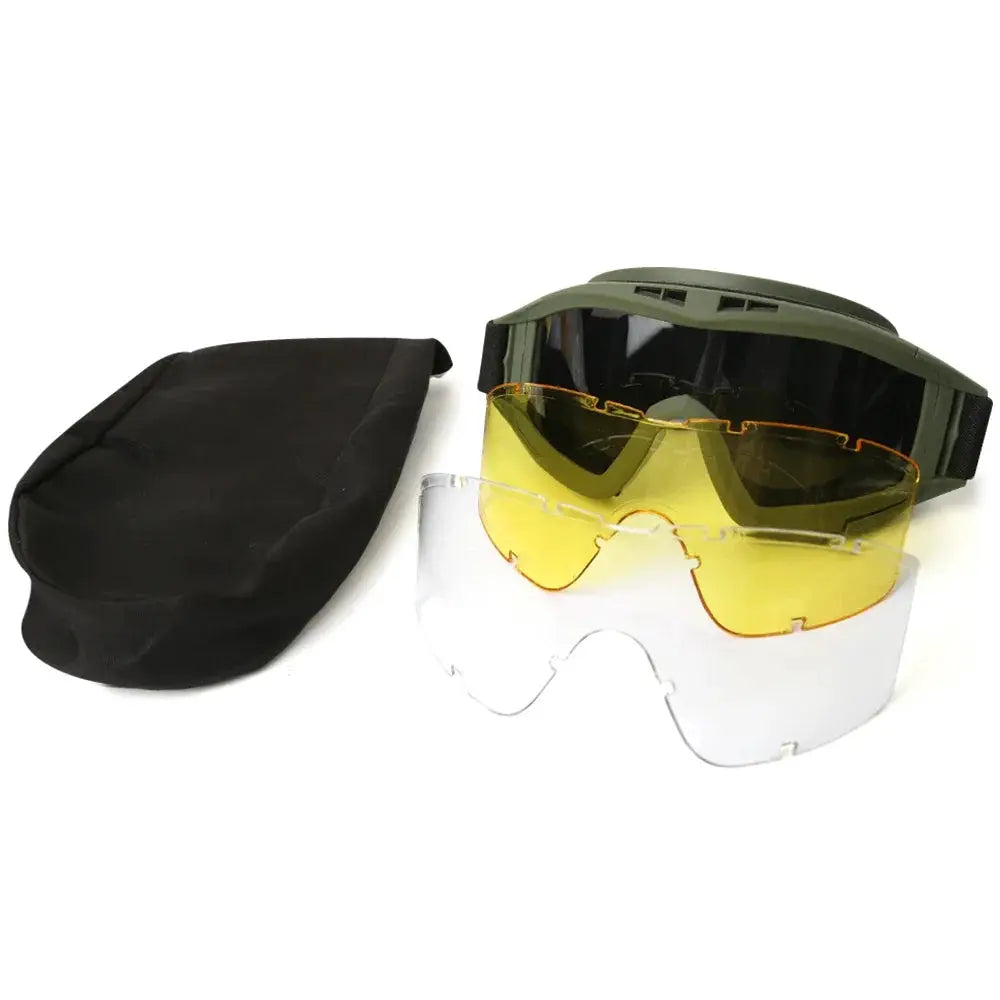 Simples Market Airsoft tactical goggles with green frame and three interchangeable lenses, includes pouch.