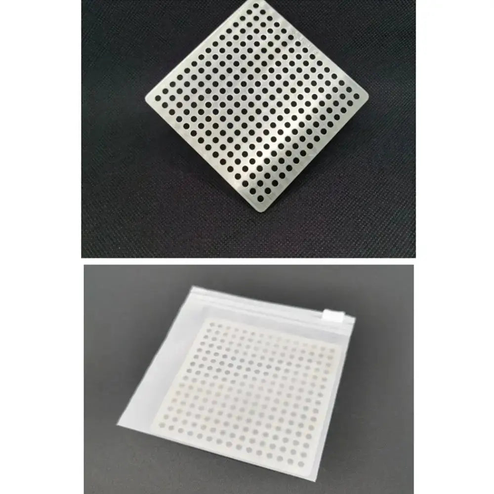 Stainless steel square floor drain cover with perforated holes; hair catcher in packaging