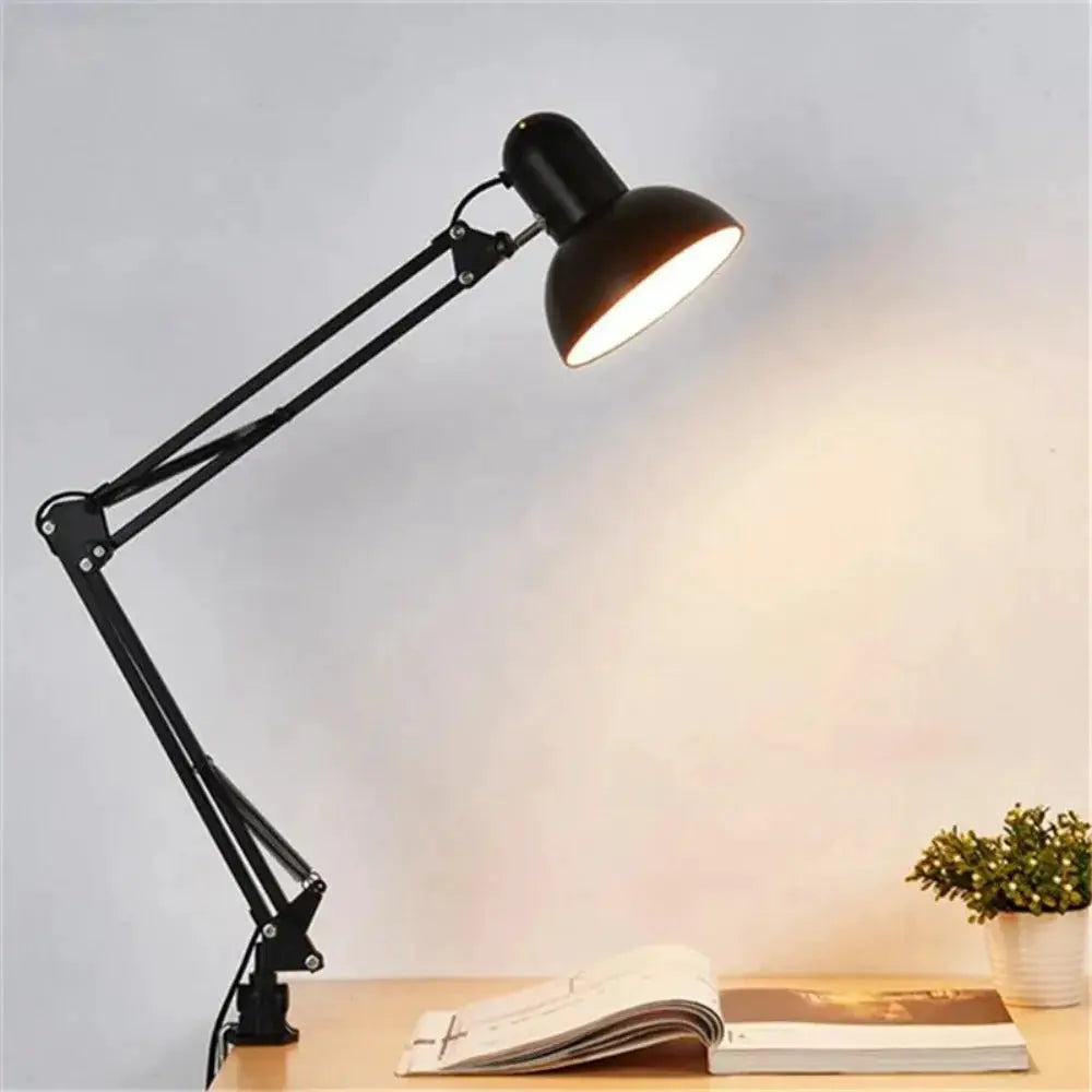 Swing Arm Clamp Lamp with black metal finish, adjustable dual-arm desk light with EU/US plug
