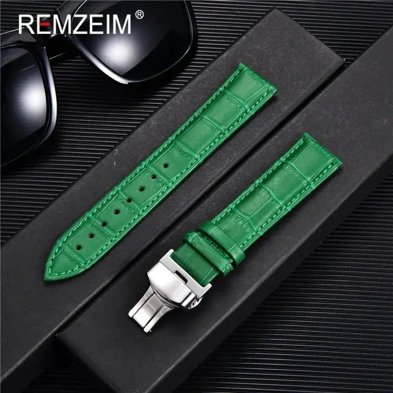 Remzeim Bamboo Pattern Genuine Leather Watch Strap First Layer Cowhide With Steel Butterfly Buckle 18mm 20mm 22mm 24mm