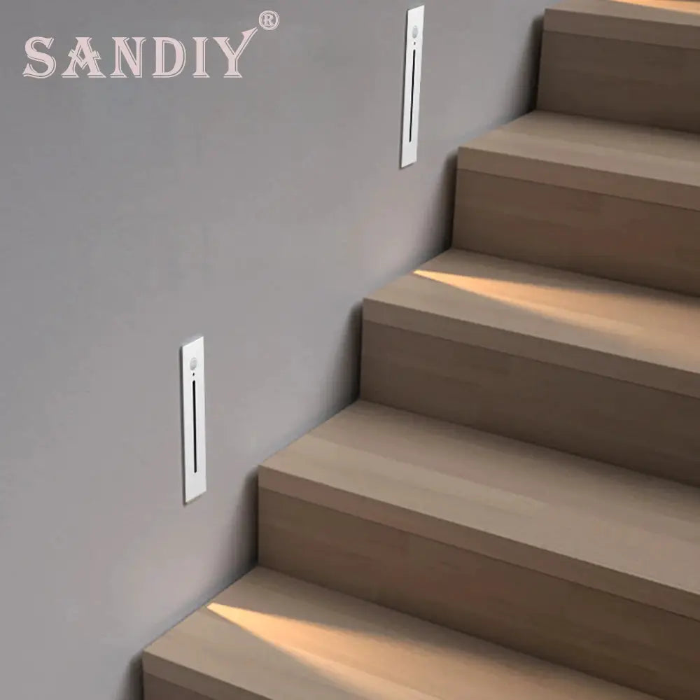 SANDY stair lighting wall lamps with motion sensors; two white recessed step lights by Simples Market (3W).