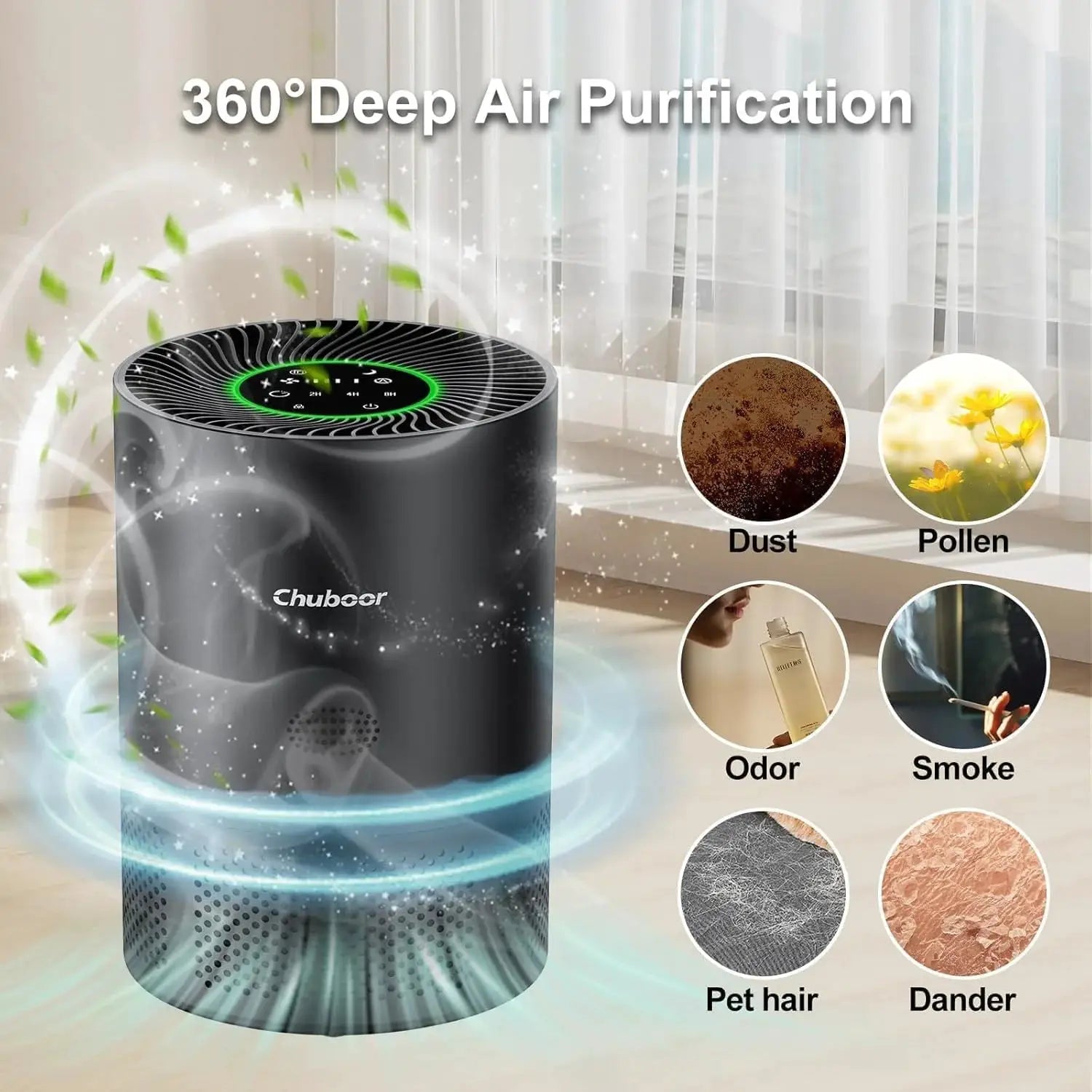 Chuboor air purifier; black cylindrical HEPA unit with green LED ring for dust, pollen, odor and smoke.