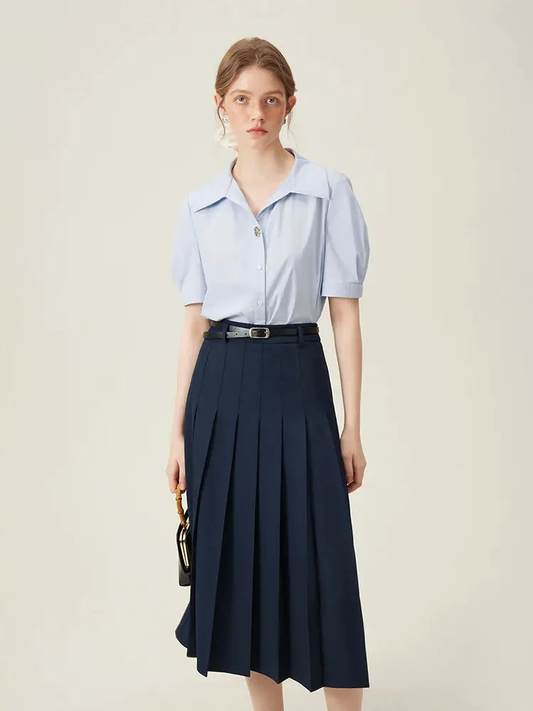 Skirt, navy blue pleated long with belt, paired with light blue blouse