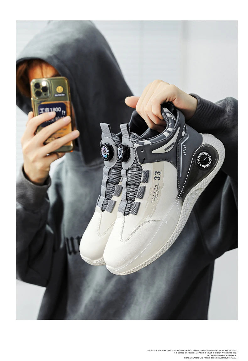 Men's sneakers by Simples Market, gray/white pair with rotating buckle dial lacing and non-slip outsole