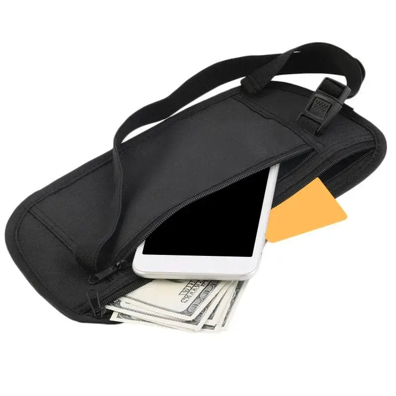 Invisible travel waist pouch by Simples Market in black with strap, holding phone, cash and card