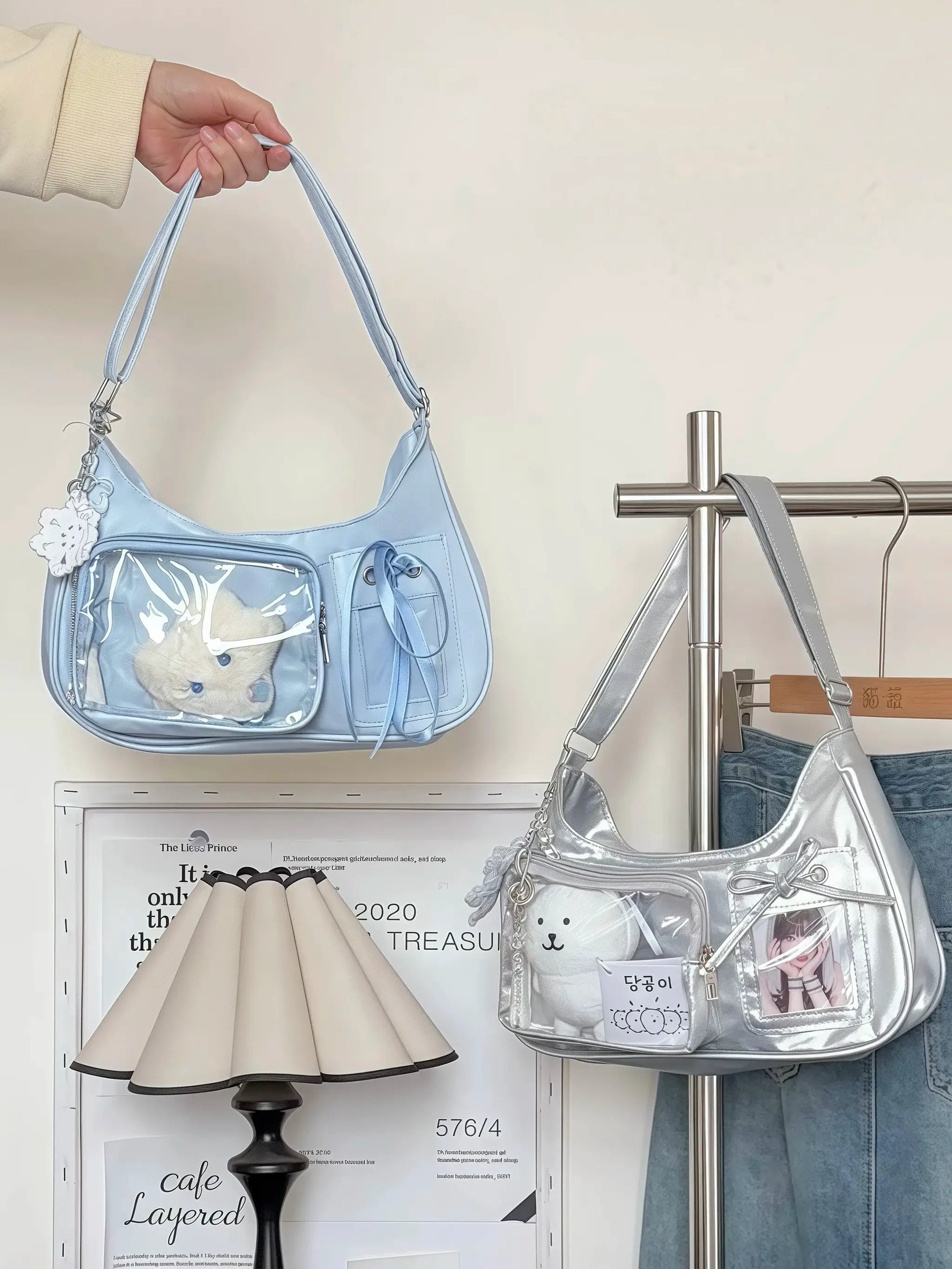 Blue Y2K Harajuku Ita bag by Simples Market with transparent front pocket and teddy charm