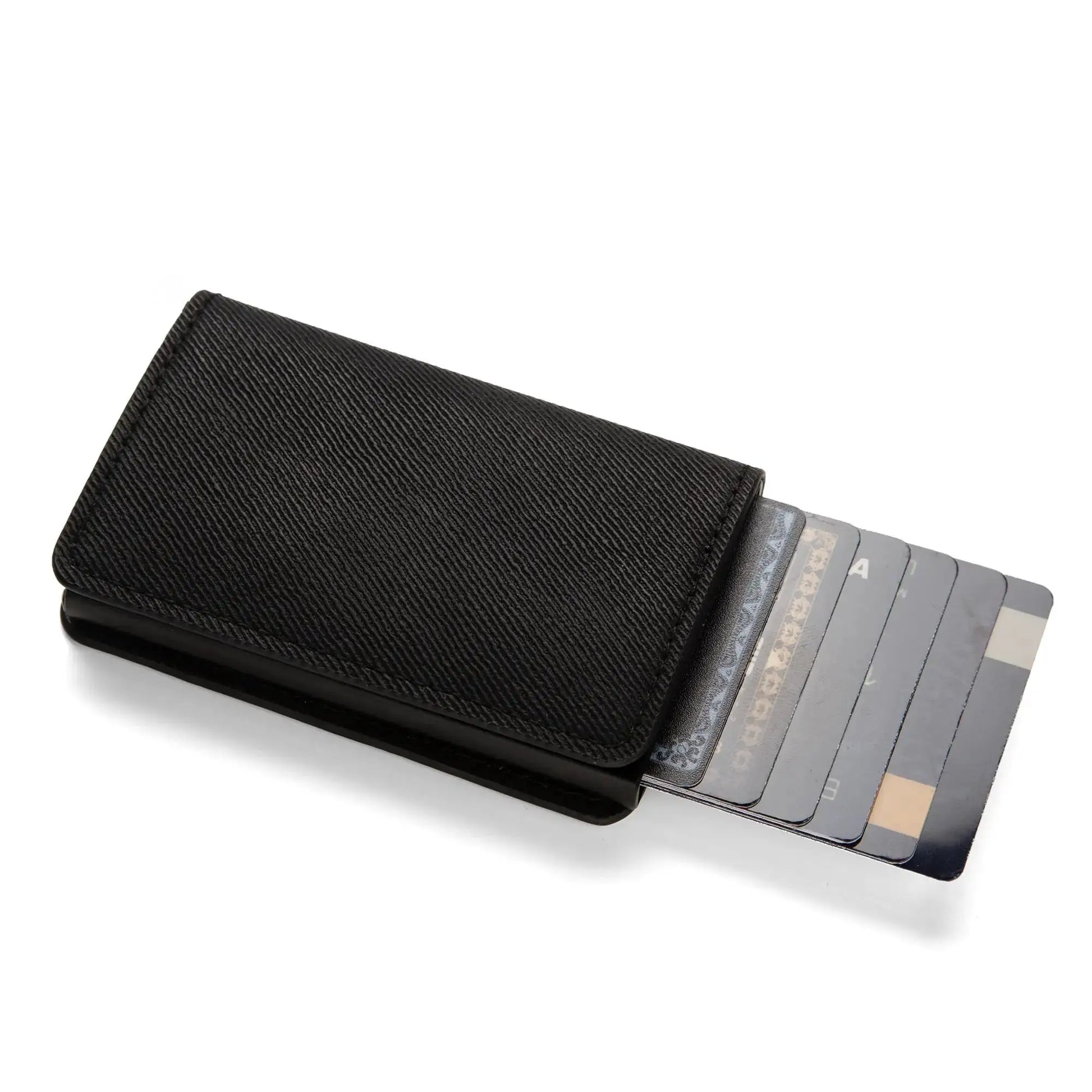 Anti-theft RFID card holder wallet in black PU leather with multiple card slots