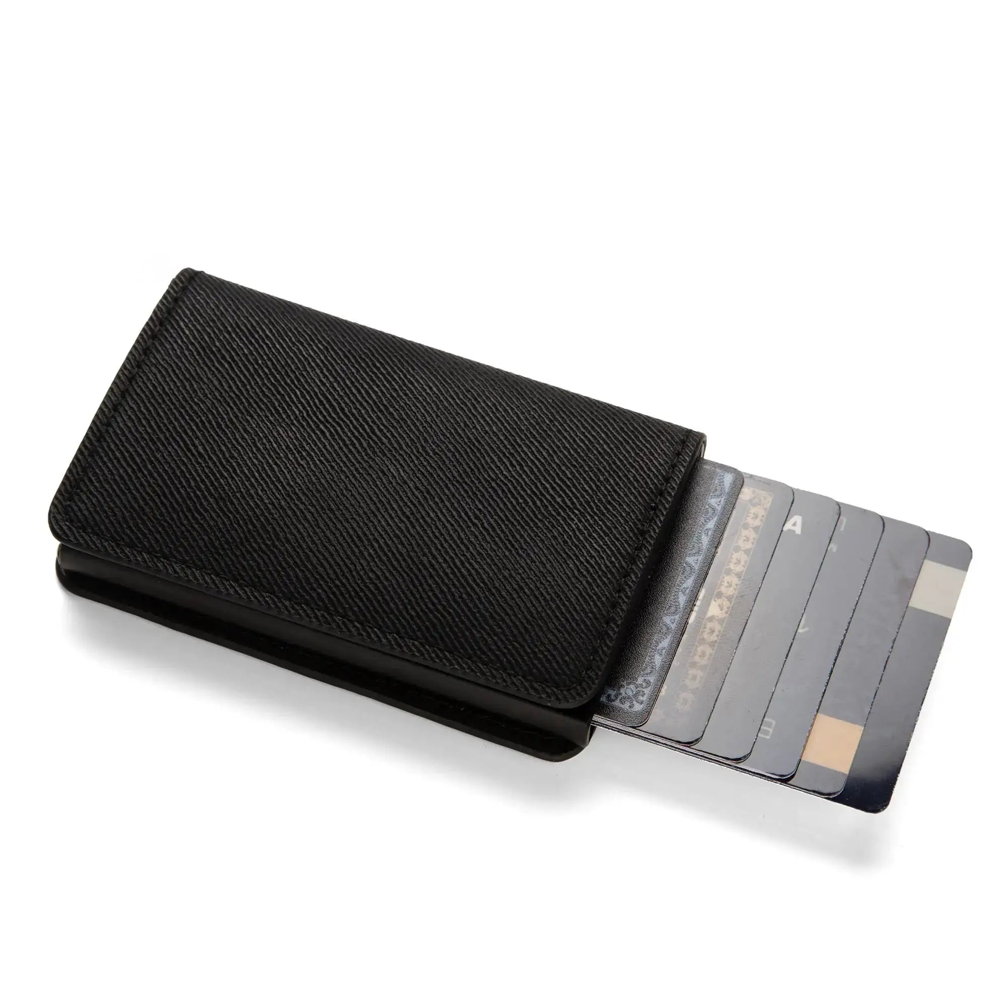 Anti-theft RFID card holder wallet in black PU leather with multiple card slots