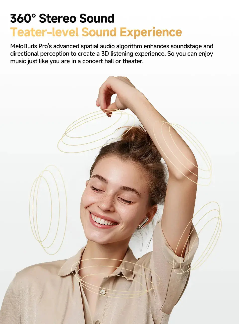 QCY MeloBuds Pro ANC wireless earbuds banner by Simples Market featuring a smiling woman