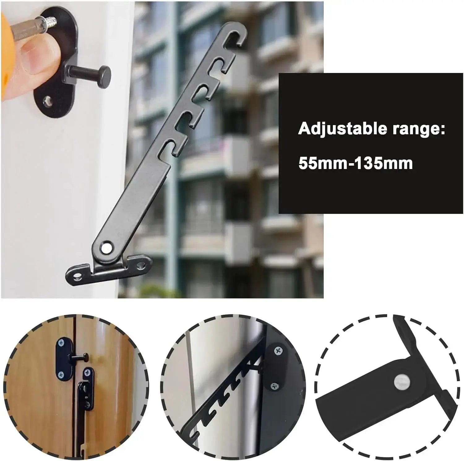 Window safety lock by Simples Market with adjustable hook latch, 55–135mm range, black metal.