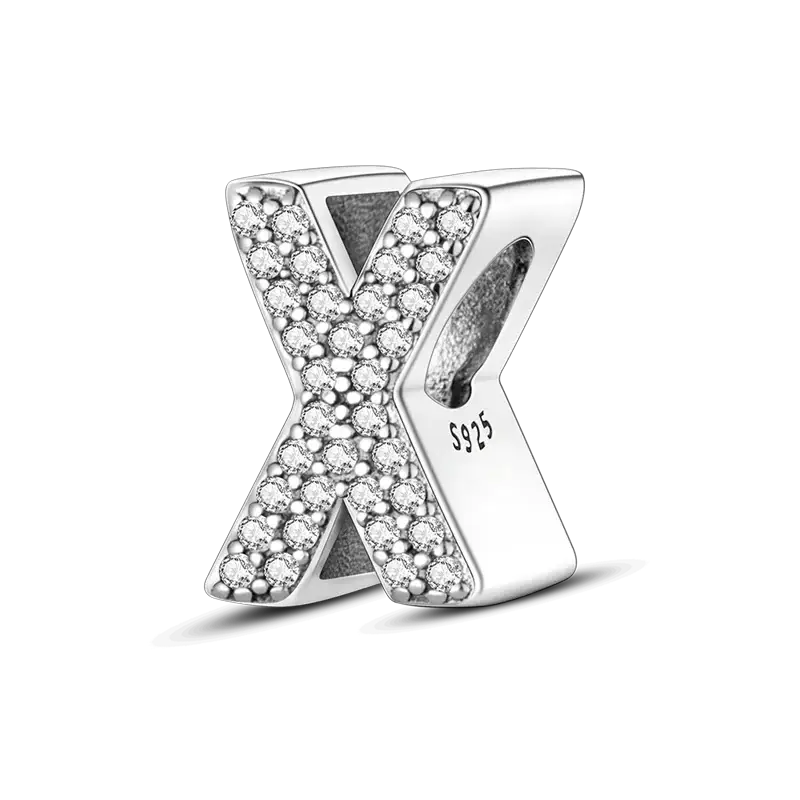 X-shaped sterling silver charm with pavé cubic zirconia crystals and S925 stamp
