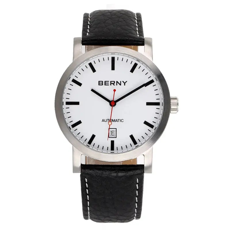 BERNY men's wristwatch with white dial, black leather strap, stainless steel case, automatic movement.