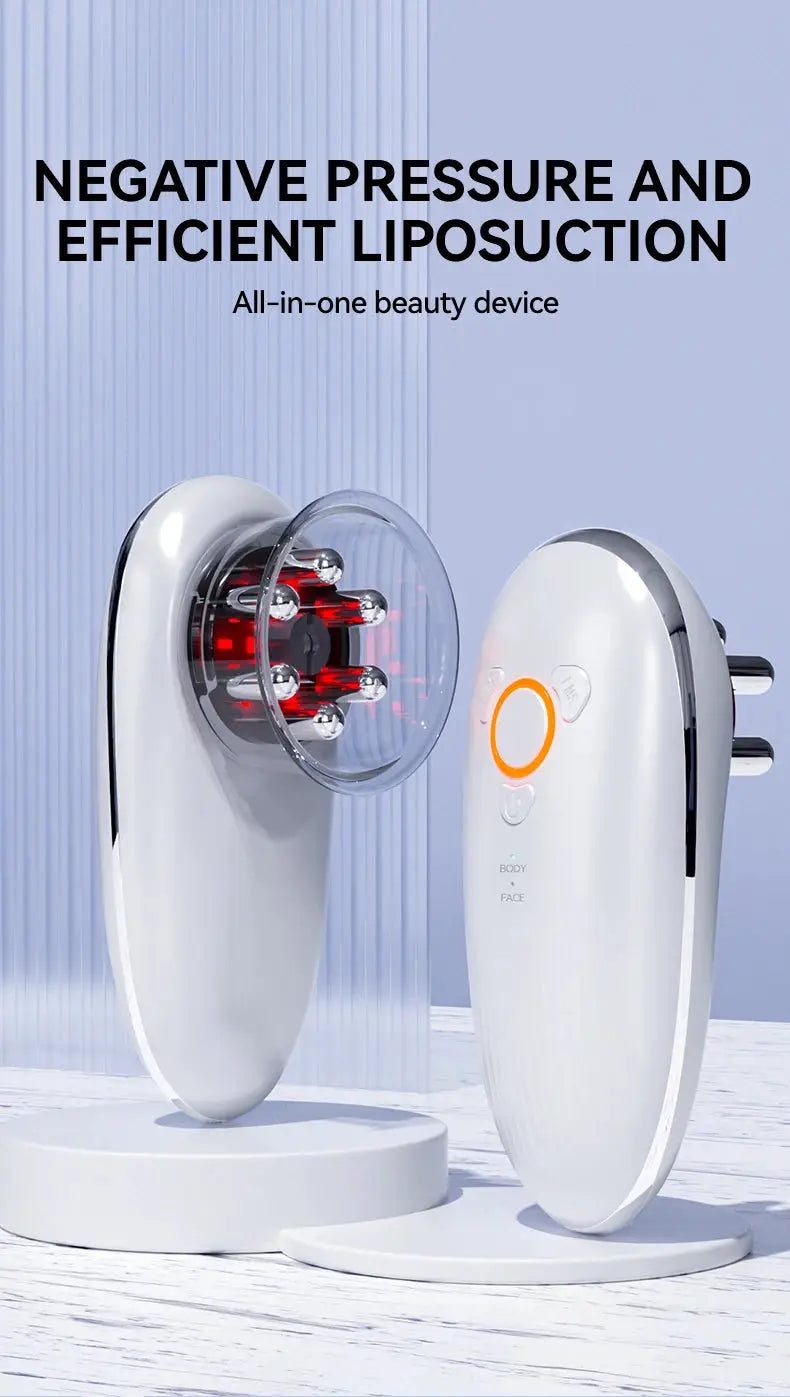 Face and body sculpting massager set by Simples Market; white handheld device with orange ring and red-LED head