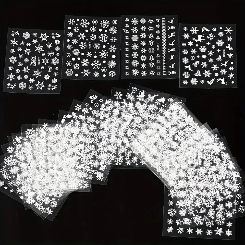 30pc Christmas nail art sticker sheets by Simples Market with white snowflakes and snowmen, self-adhesive decals