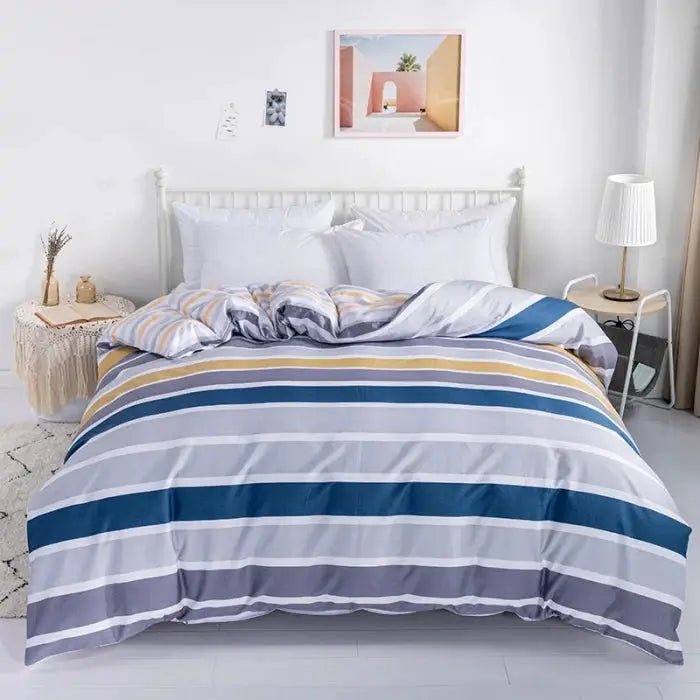 3pc cotton striped duvet cover set with 1 duvet cover and 2 pillowcases in blue, grey, white