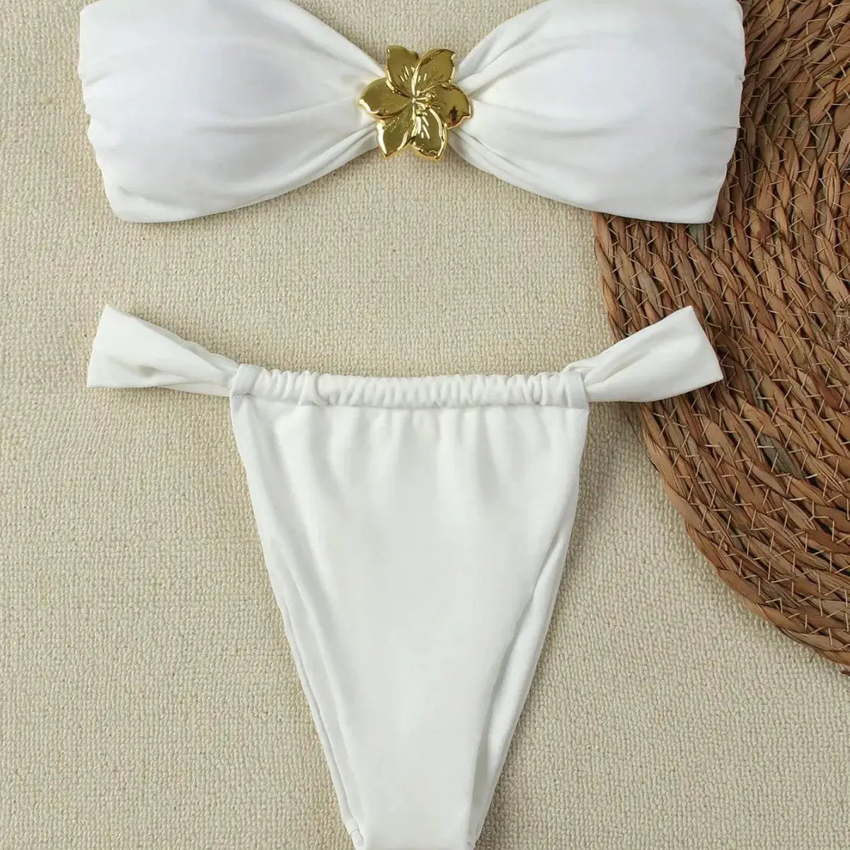 2026 Sexy Bandeau Push-Up Bikini Set white bandeau top with gold flower centerpiece and matching white thong bottoms