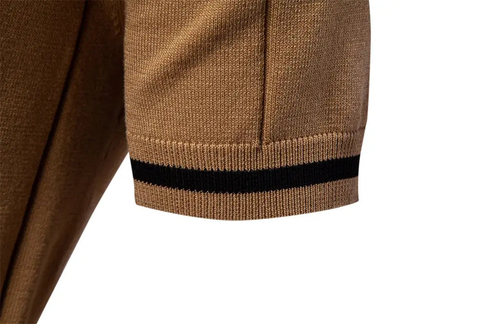 AIOPESON men's brown knit polo short sleeve with a black striped cuff