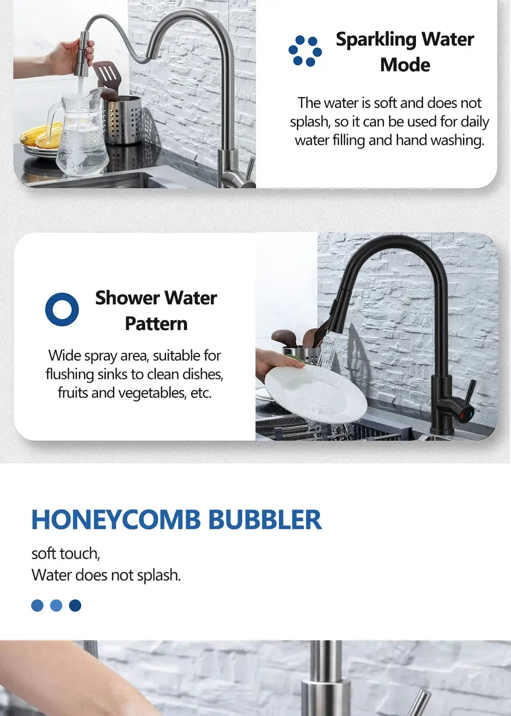 Simples Market stainless steel kitchen faucet with pull-out spray, 360° swivel, high-arc design; 2 faucets shown
