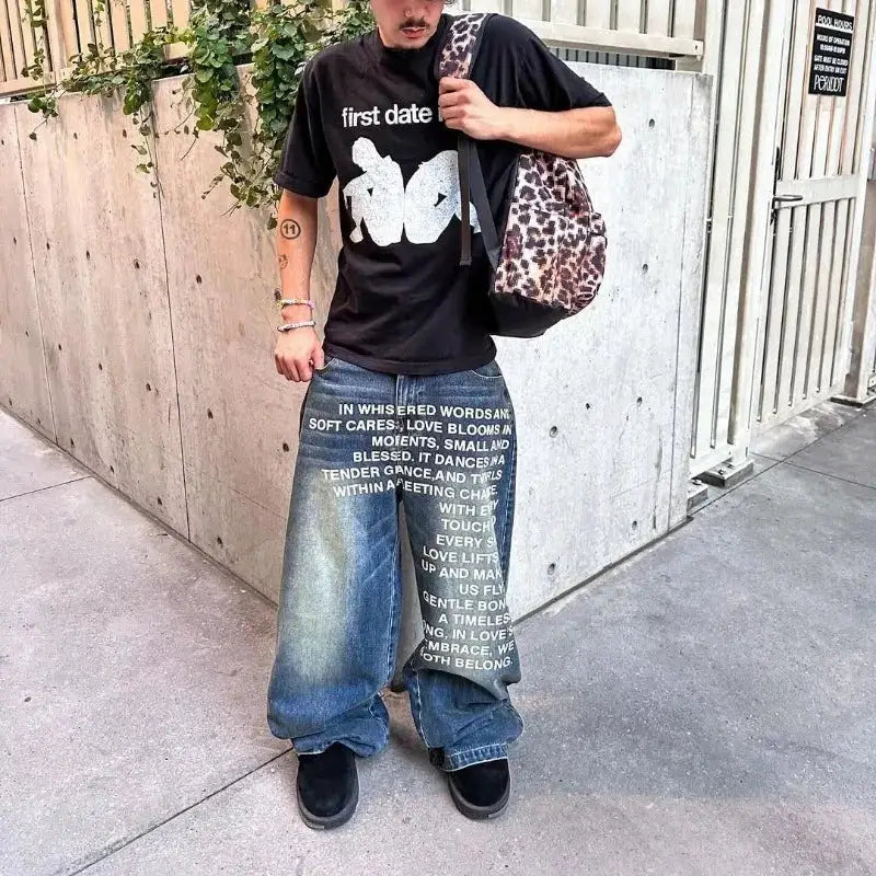 Deeptown Vintage Letter Print Y2K Harajuku Wide Leg Denim Pants