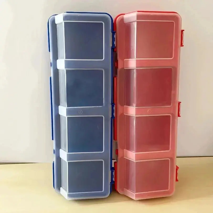 Two blue and pink plastic multi-compartment organizer boxes with five clear trays for screws and small parts.