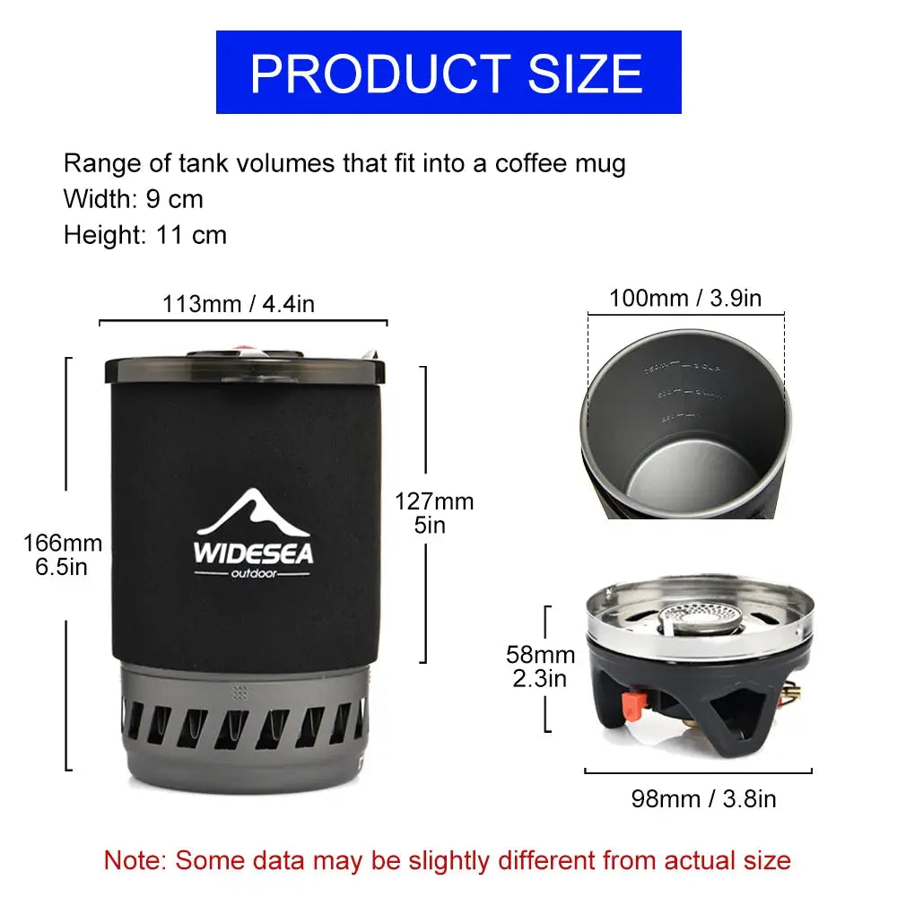 Widesea camping cooking system, a 3-piece set with heat-exchanger stove, cup, and burner; black sleeve and gray base.