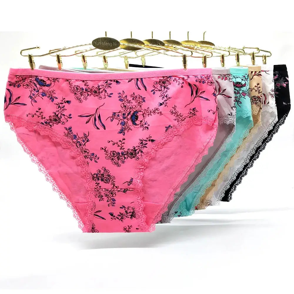 Women's cotton mid-rise butterfly-print panties with lace trim in assorted colors, 8-pack