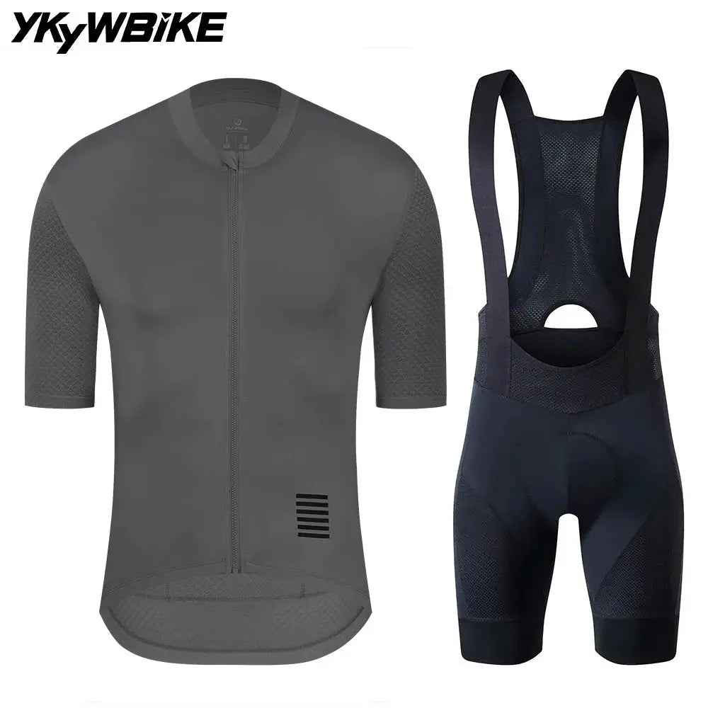 YKYWBIKE cycling jersey set, 2-piece MTB kit with gray short-sleeve jersey and black bib shorts