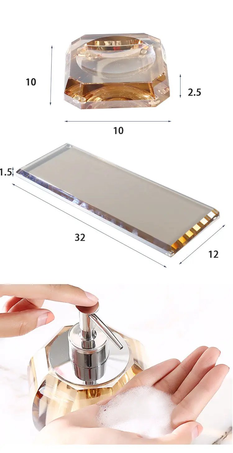 Crystal glass bathroom set with lotion dispenser, toothbrush holder and rectangular tray (3 pieces)