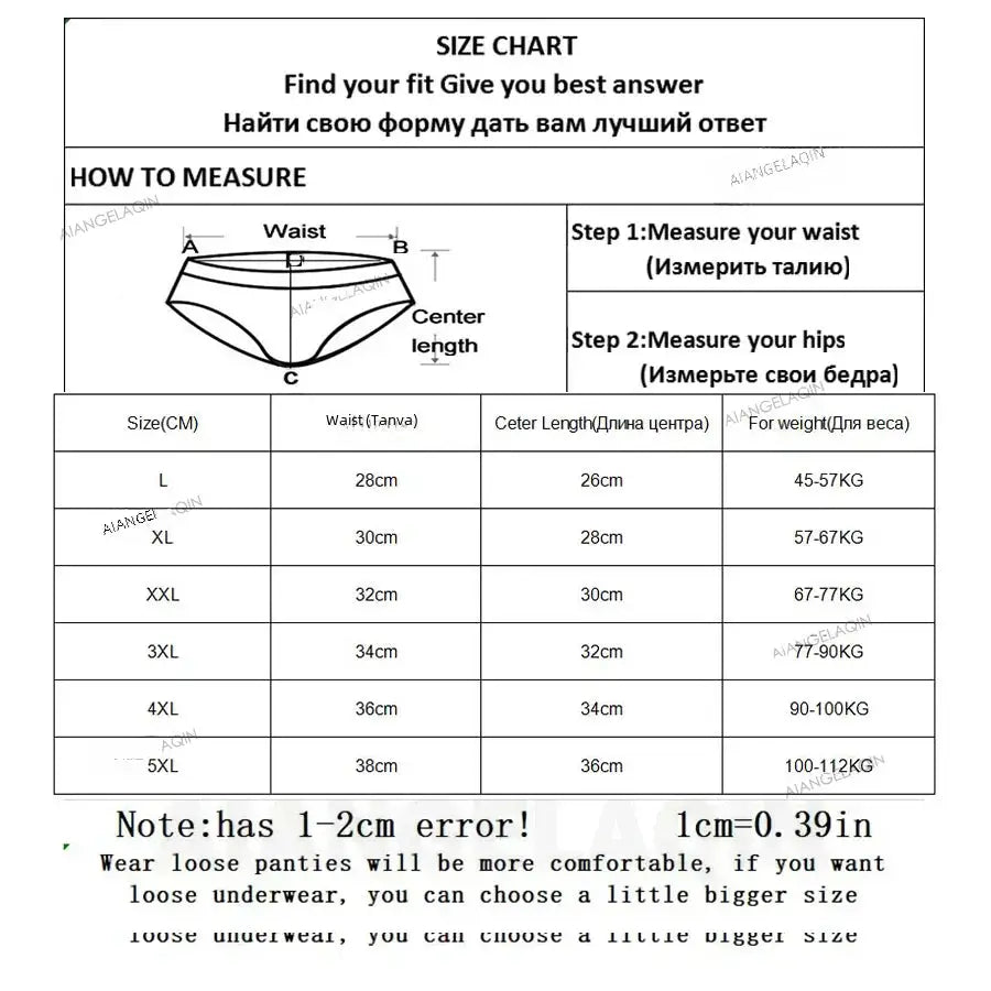 High-waist cotton panties size chart with waist, hip, and length measurements (L-5XL)