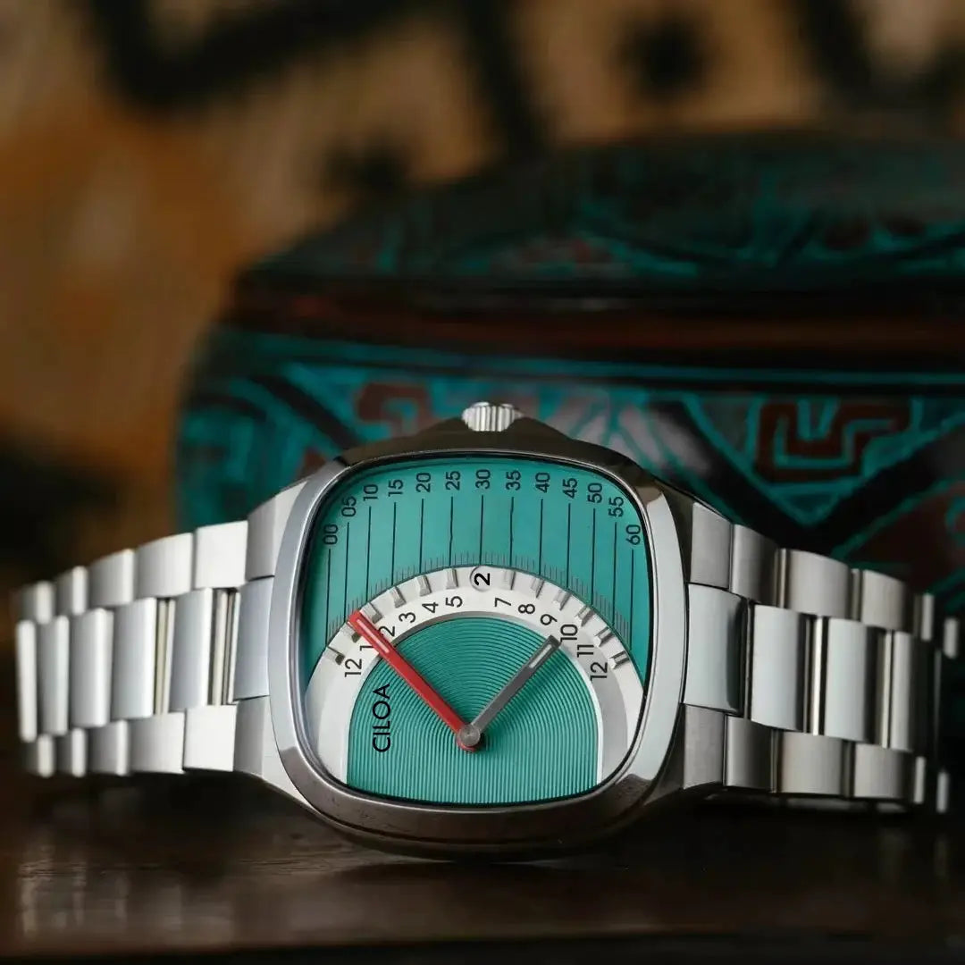 CILOA retro square men’s watch with stainless steel strap and teal dial