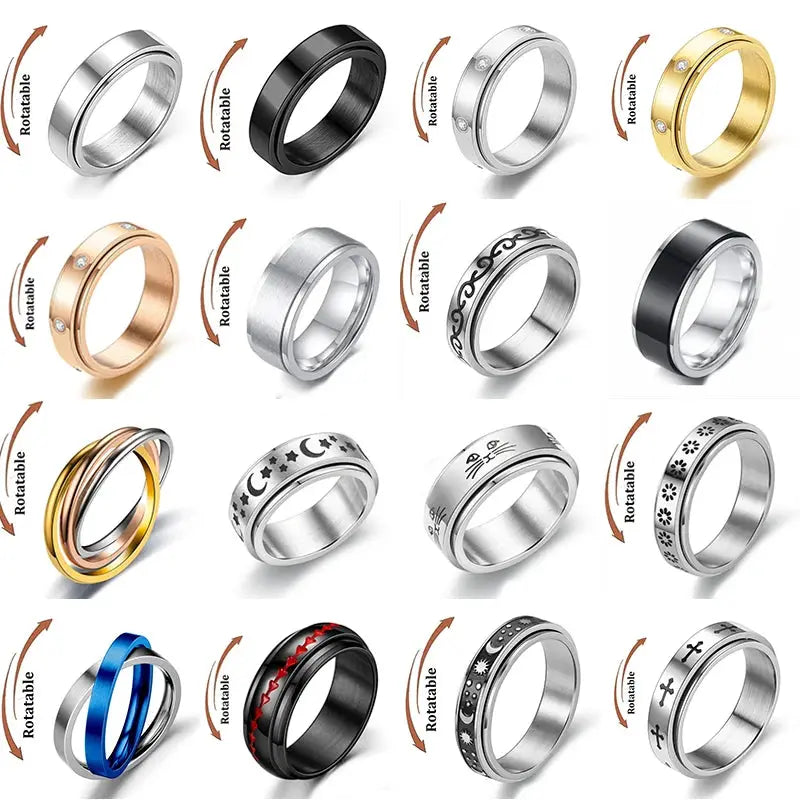 Set of 16 rotatable stainless steel fidget knuckle rings; unisex jewelry in silver, black, gold and rose gold.