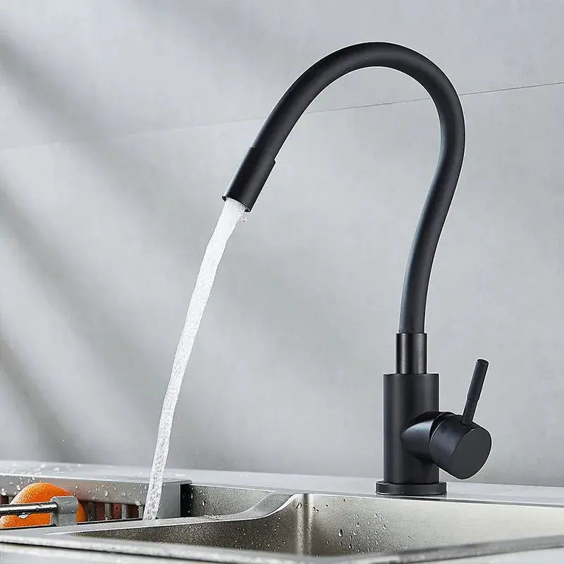 Kitchen faucet with matte black finish, high-arc swivel gooseneck and single lever handle.